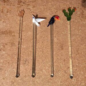 LOT OF 4 MCM HAND BLOWN ART GLASS SWIZZLE STIR STICKS CACTUS DOVE ELEPHANT BIRD